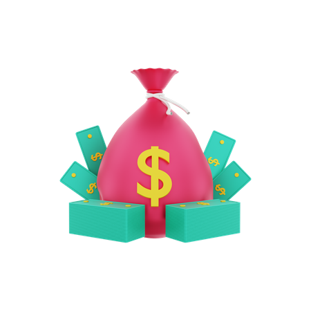 Money sack with stacked dollar bills 3D Illustration