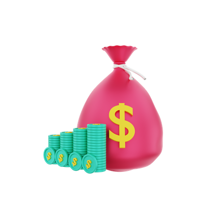 Money sack with stacked dollar coins  3D Illustration