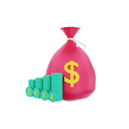 Money sack with stacked dollar coins  3D Illustration