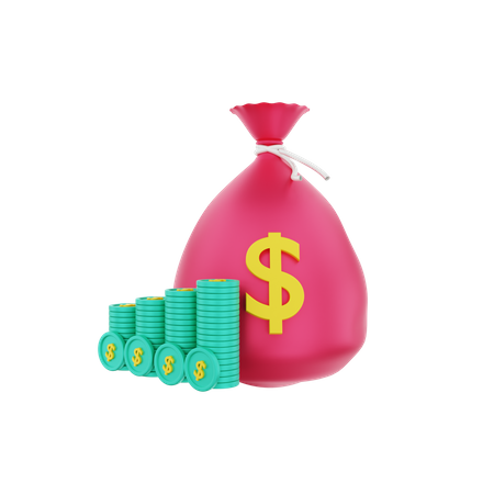 Money sack with stacked dollar coins 3D Illustration