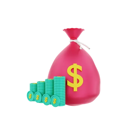 Money sack with stacked dollar coins 3D Illustration