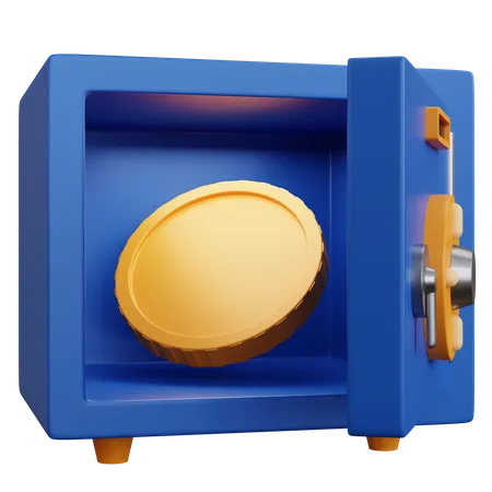 3 D Rendering Money Safe Box With One Coin Inside Isolated 3D Icon