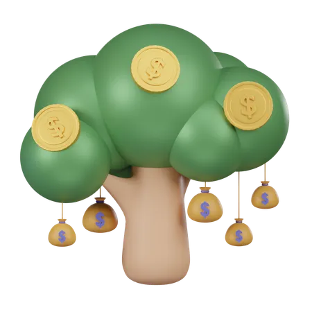 A 3 D Icon Of A Lush Green Tree With Branches Adorned With Hanging Dollar Coin Fruits Symbolizing Wealth Financial Growth And Prosperous Investments 3D Icon