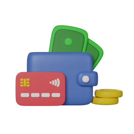 Money Wallet With Cash Coins And Credit Card 3 D Render Icon 3D Icon