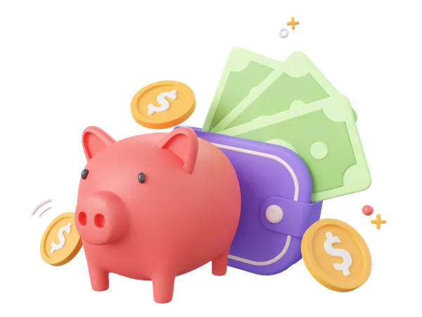 3 D Cartoon Design Illustration Of Piggy Bank With Money Wallet Dollar Coins And Banknote Money Savings Concept 3D Icon
