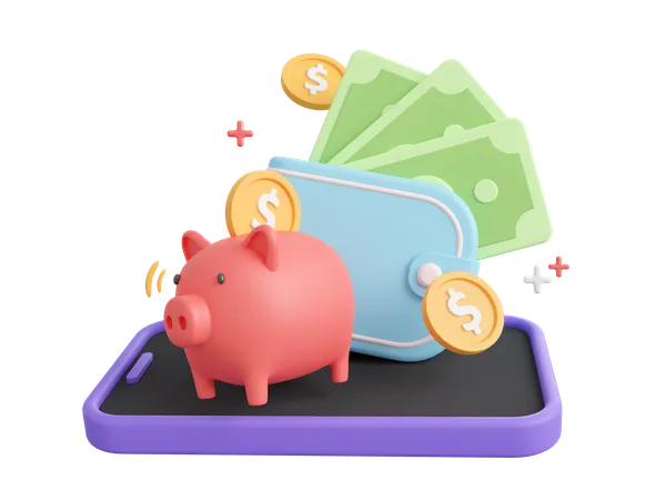 3 D Cartoon Design Illustration Of Piggy Bank With Money Wallet Dollar Coins And Banknote Money Wallet On Mobile Money Savings Concept 3D Icon