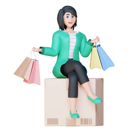 3 D Online Shopping Illustration Set Monica Sitting In A Box 3D Illustration
