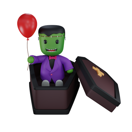 Monster sit in coffin with baloon  3D Icon