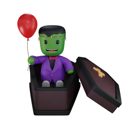 Monster sit in coffin with baloon  3D Icon