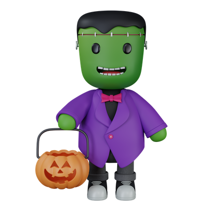 Monster with pumpkin bag  3D Icon