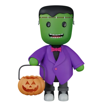 Monster with pumpkin bag  3D Icon