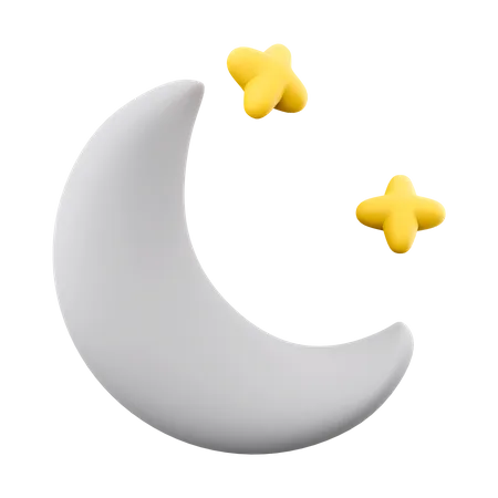 3 D Rendering Moon And Stars At Night Icon 3 D Render White Moon And Yellow Stars Icon 3D Icon