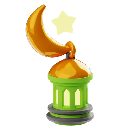 Premium Cute Moon And Lamp Icon With Green Black Gold Colors Best For Ramadan Event Promotion 3D Icon
