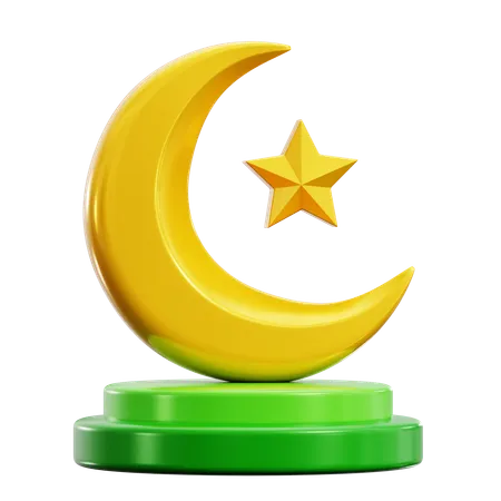 Crescent Moon With Star On Podium Stage Islamic Symbol For Happy Ramadan Muslim Holy Month Event And Social Media Promotion Sale Campaign 3 D Icon Illustration Render Design 3D Icon