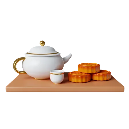 3 D Tea And Mooncake Set Mid Autumn Festival Icon Isolated On Yellow Background 3 D Rendering Illustration Clipping Path 3D Icon