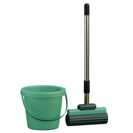 3 D Mop And Bucket Illustration With Transparent Background Isolated Design 3D Icon