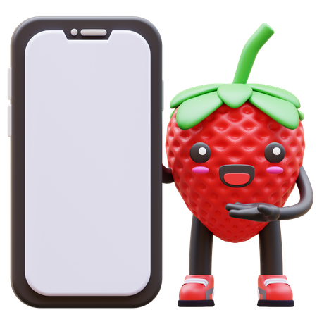 Morango fofo apresentando tela de smartphone em branco  3D Icon