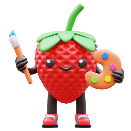 Morango segurando pincel e paleta  3D Illustration