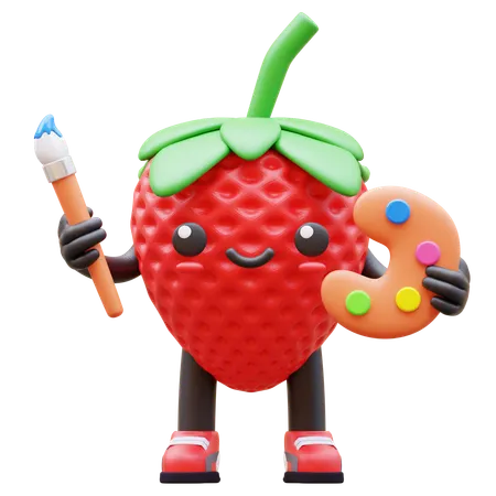 Morango segurando pincel e paleta  3D Illustration