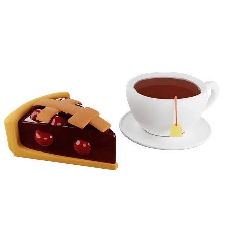 Morceau de tarte aux cerises et thé  3D Illustration
