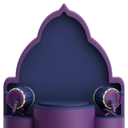 Moschee-Tür mit Podium und Bedug-Moslem-Trommel für Ramadan-Feier  3D Illustration