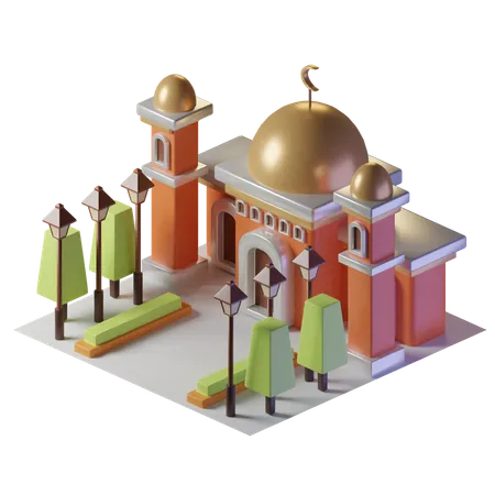 Mosque Isometric Building With Trees And Street Lights 3D Illustration