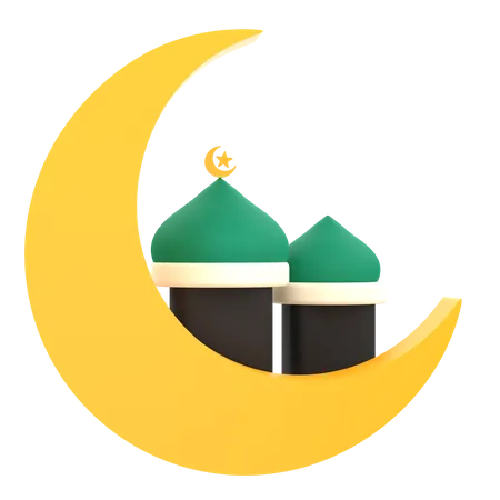 3 D Mosque And Crescent Moon For Ramadan Celebration 3D Icon