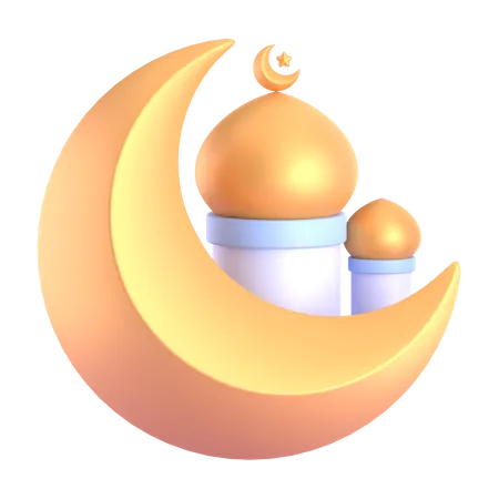 Mosque And Golden Moon  3D Illustration