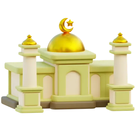 3 D Model Of Mosque With Golden Dome And Crescent Moon Symbol 3D Icon