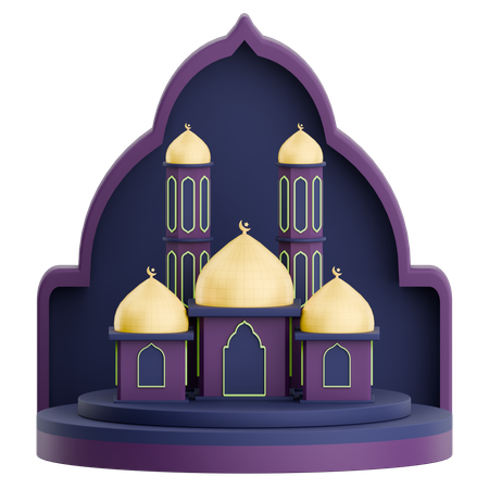 Mosque Door With Podium And Mosque For Ramadan Celebration  3D Illustration