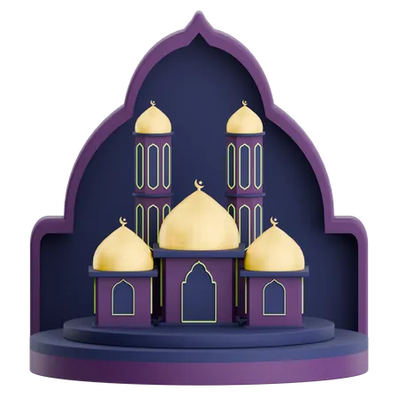 Mosque Door With Podium And Mosque For Ramadan Celebration  3D Illustration