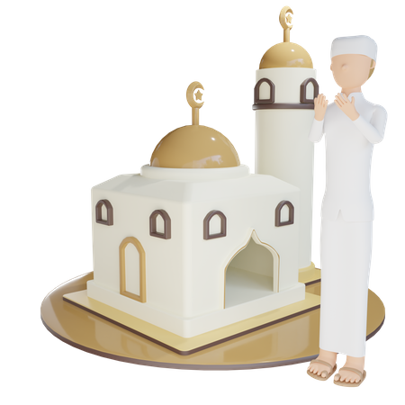 Mosque With Man Prayer  3D Illustration