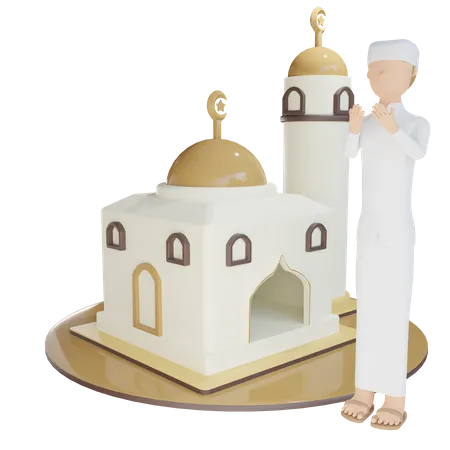 3 D Mosque With Man Prayer 3D Illustration