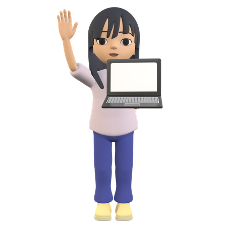 Mostrando a tela de um laptop enquanto acena com a mão  3D Icon