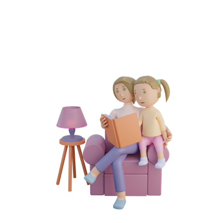 Mother and daughter reading book together  3D Illustration