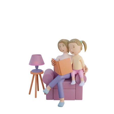 Mother and daughter reading book together  3D Illustration