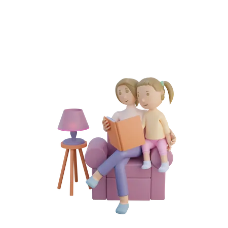 Mother and daughter reading book together 3D Illustration