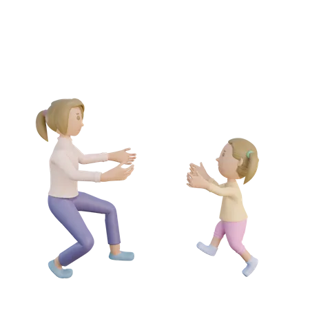 Mother and daughter running to hug 3D Illustration