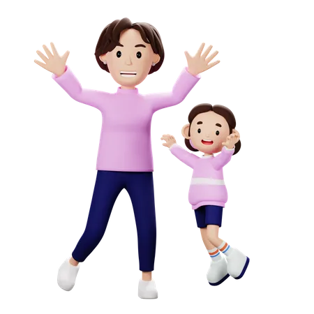 Mother And Soon Celebrate With Jumping  3D Illustration