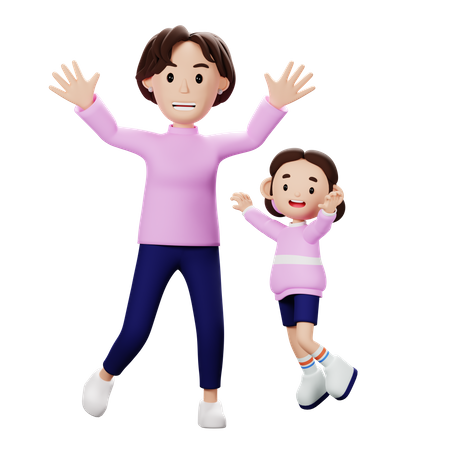 Mother And Soon Celebrate With Jumping  3D Illustration