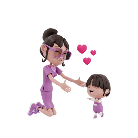 Mother spreading her arm toward kid  3D Illustration