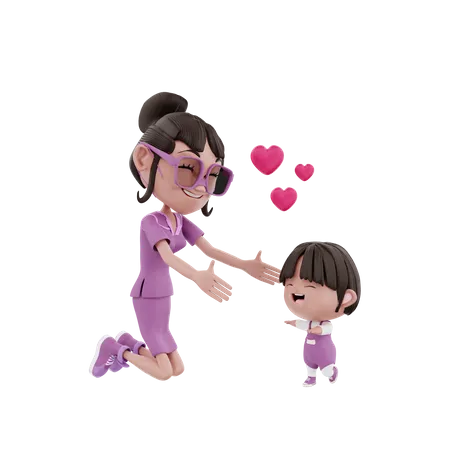 Mother spreading her arm toward kid  3D Illustration