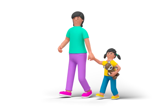 Mother Walking with Daughter 3D Illustration