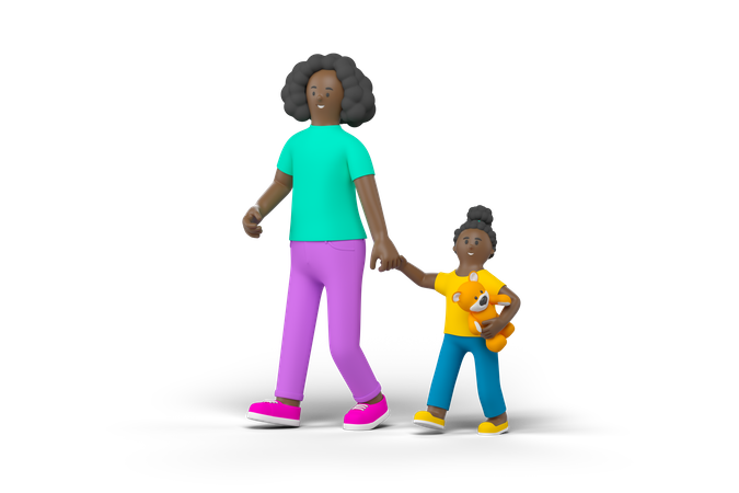 Mother Walking with Daughter 3D Illustration