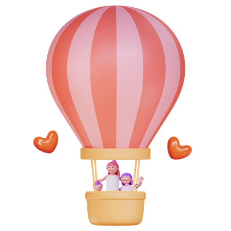 Mother with kids riding on hot air balloon  3D Icon