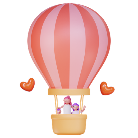 Mother with kids riding on hot air balloon  3D Illustration