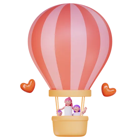 Mother with kids riding on hot air balloon  3D Illustration