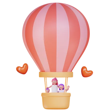 Mother with kids riding on hot air balloon 3D Illustration