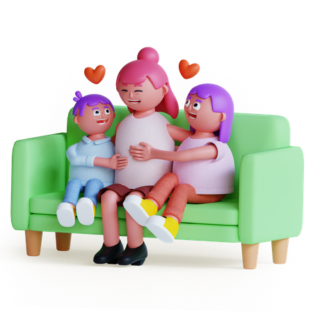 Mother with kids sitting on sofa  3D Illustration