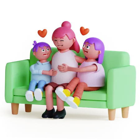 Mother with kids sitting on sofa  3D Illustration